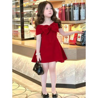 Váy đầm nhung đỏ nơ trễ vai cho bé gái