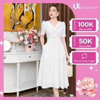 Đầm Xòe Cổ Sóng Thiết Kế Đai Bọc UK FASHION Trẻ Trung Thanh Lịch Chất Vải Nhập Hàn Cao Cấp Không Nhăn NKDV2302002