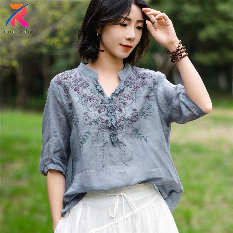 Áo sơ mi KRECOO cotton vải lanh Ruidian cổ chữ V thêu nút retro form rộng thời trang mùa hè Trung Qu