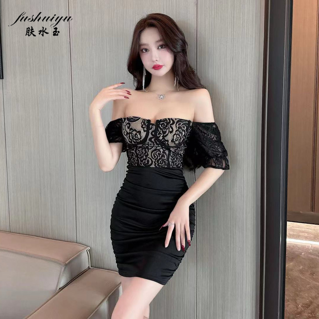 Fushuiyu Gợi Cảm Ren Eo Gấp Quấn Hông Tắt Vai Tay Ngắn Đáy Đầm