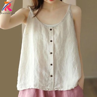 Ruidiandian M-3XL Áo Vest Nữ Rời Vải Lanh Cotton Màu Trơn Nữ Không Tay Xe Tăng Rời Nút Mỏng Nữ Camisoles