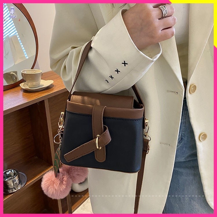 Contrast color small bag 2022 new fashionable retro fashion women's bag casual shoulder bag all-match cross-body bucket bag