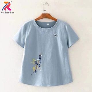 Áo Cotton Ruidiandian Cho Nữ Tay Ngắn Cổ Tròn Nữ Áo Cotton Và Vải Lanh Thêu Áo Thun