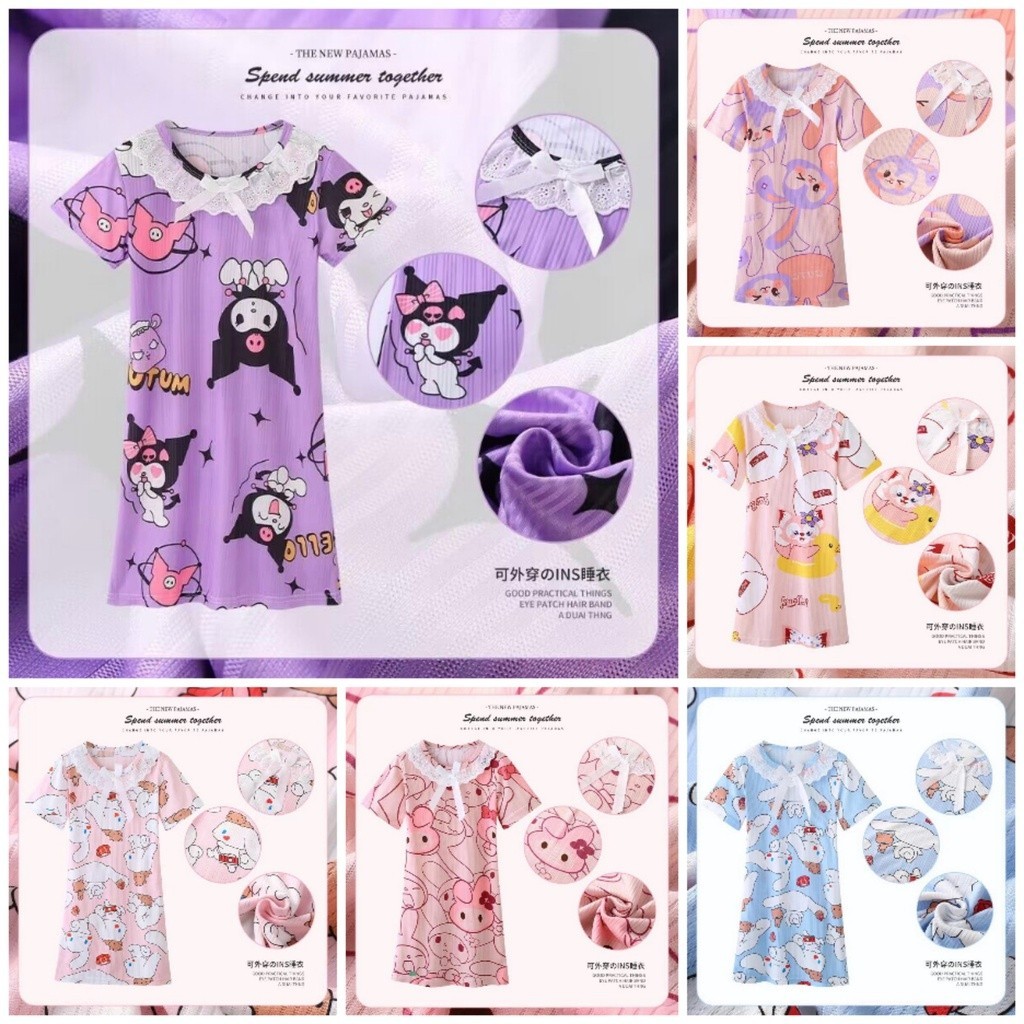 Kurumi cinnamoroll đồ ngủ váy cho bé gái và trẻ em mùa hè tay ngắn ren mỏng bé gái hoạt hình dễ thương công chúa đồ ngủ