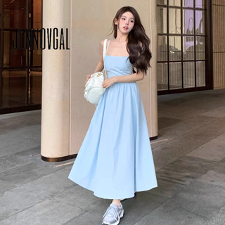 JUNNOVGAL Nữ Midi Đầm Mùa Xuân Màu Trơn Thời Trang Tắt Vai Phong Cách Mới Không Tay Lưng