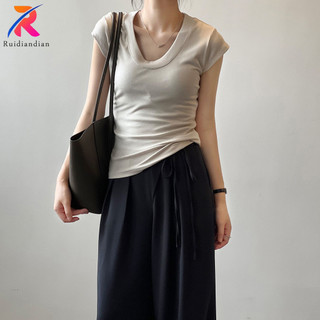 Ruidiandian Áo thun cổ chữ U mềm mại dành cho nữ tay ngắn mùa hè Slim Fit Giảm béo và bó sát Áo thun đeo vai R kiểu Mỹ Áo thun ngắn ngọt ngào và cay