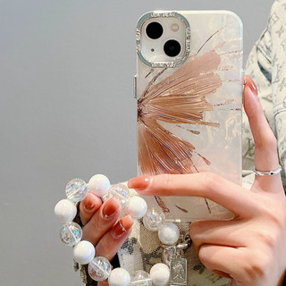 Ốp Điện Thoại Sang Trọng 3D Bướm Dễ Thương Cho iPhone 15 11 12 13 14 Pro Max 11Pro 15Pro 13Pro Ốp Lưng Dây Xích Lỏng Vintage Ngọc Trai Kim Cương Cứng Chống Sốc