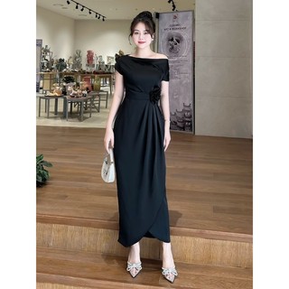 Váy Lụa Nữ Đen MAY O3181 Dài Dự Tiệc Thiết Kế Đính Hoa Cuộn Thủ Công [MAY XÁC NHẬN ĐỒNG Ý ĐỒNG KIỂM]