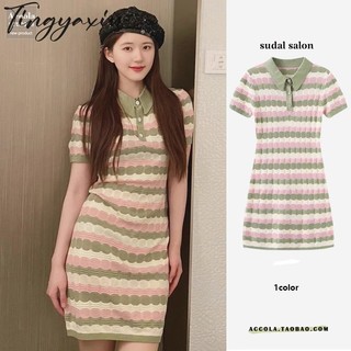 Tingyaxiu Váy nữ ôm vừa vặn cổ polo ngắn tay dệt kim váy sọc băng lụa váy