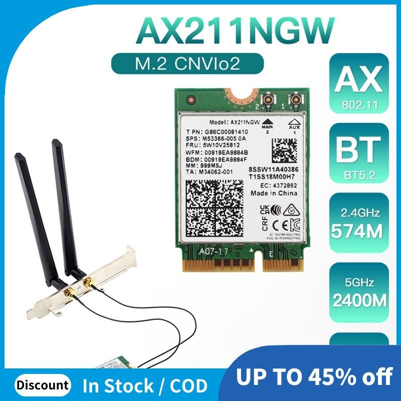 Card mạng AX211NGW + Ăng-ten kép WiFi 6E M.2 Key E CNVio2 2.4Ghz / 5Ghz 802.11Ac Bluetooth 5.2 Adapt