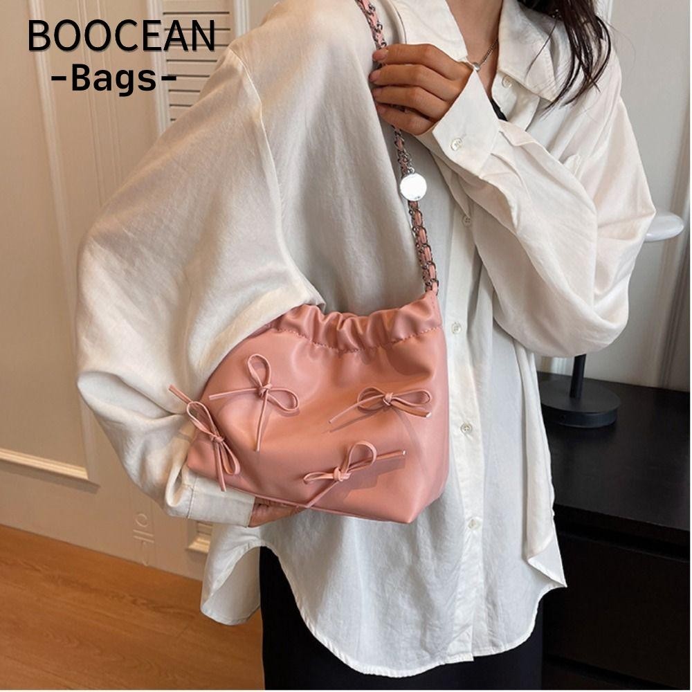 BOOCEAN Túi đeo vai, Túi mua sắm gấp thắt nơ, Túi Tote màu trơn thời trang dành cho nữ