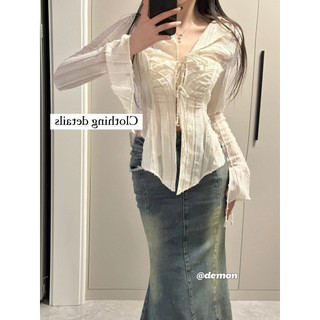 Phong Cách Mới Sang Trọng Mùa Xuân Gợi Cảm Hợp Thời Trang Áo Sơ Mi Mỏng Hơn Nhìn Thường Ngày Nữ Dài Tay Phong Cách Hàng Đầu Nguyên Chất Nhỏ Phối Ren Phiên Bản Hàn Quốc Desire NSQU