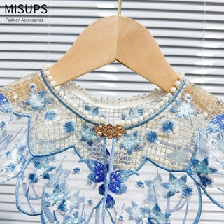MISUPS Cổ áo giả thêu đính cườm màu xanh, Cổ áo giả phong cách Trung Quốc Hanfu cổ trang trí, Khăn choàng ren trang trí áo sơ mi