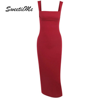SweeticMe Váy Nữ Thời Trang Mới Màu Trơn Slim Fit Gợi Cảm Nhân Quả Váy Dài