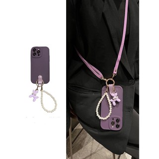 Ốp Điện Thoại Bảo Vệ Màu Nâu Sâu Da Cao Cấp Có Dây Đeo Tay Ngọc Trai Cho IPhone 15 14 13 11 12 Pro Max Vỏ Chống Sốc 7 8 Plus X Xs Xr Xsmax