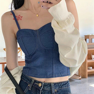 Áo Crop Top 2 dây đeo thời trang dành cho nữ có đệm ngực - Áo ngực hai dây Denim chất lượng cao