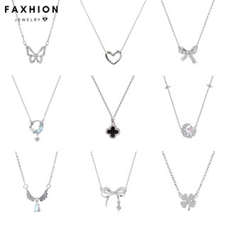 Faxhion Bạc Mặt Dây Chuyền Vòng Cổ Cho Nữ Zircon Ngọc Trai Cỏ Ba Lá Nơ Choker Y2K Phụ Kiện Trang Sức
