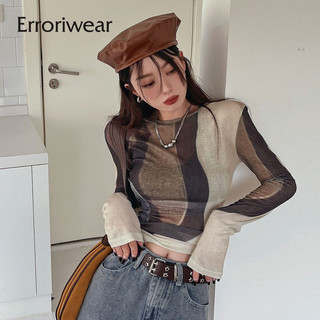 Erroriwear Nữ Tương Phản Nhuộm Top 2024 Mới Cổ Tròn Slim-fit Dài Tay Đáy Áo Thun