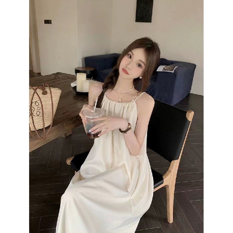 Váy 2 dây trễ vai đi biển Đầm hai dây dài bigsize nữ Trắng Đầm Sling Mùa Hè Rời Dài | BigBuy360 - bigbuy360.vn