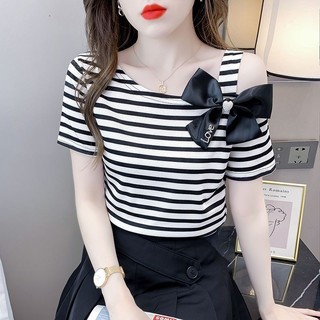 Áo thun ngắn tay quây nơ kiểu Pháp dành cho nữ Mùa hè Phong cách mới Plus Size Áo sơ mi nhỏ hàng đầu