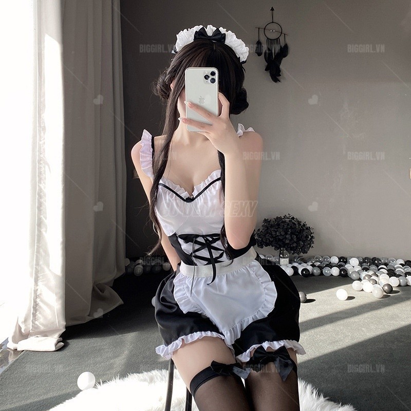 Đồ Ngủ Sexy Cosplay Cô Hầu Gái Bigsize Set Váy Ngủ Sexy 2 dây Ren hở lưng Cosplay Maid Phong Cách Anime lolita Cute Nhật Bản Gợi Cảm quyến rũ Kèm Chip