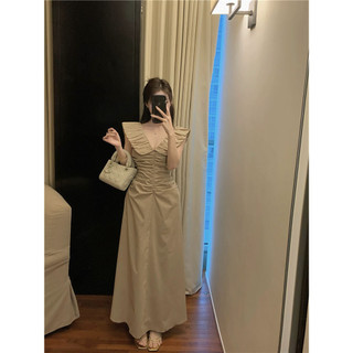 Pháp Retro Thời Trang Niche Màu Trơn Xếp Ly Cổ Chữ V Không Tay Nẹp Váy Nữ Mùa Hè Phong Cách Mới Lười Váy Dài