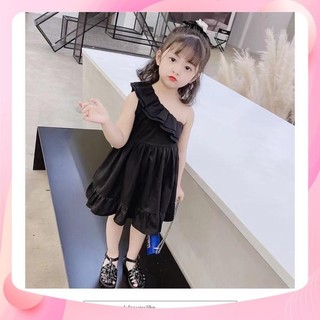 Xả Váy đầm đen lệch vai cho bé gái