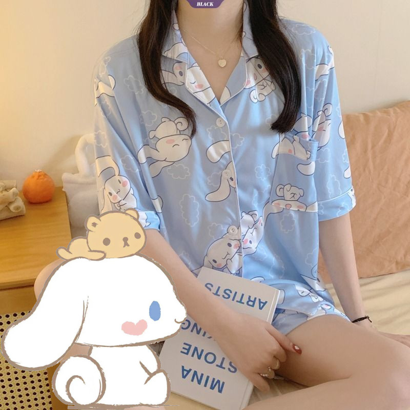 Sanrio Cinnamoroll Mùa Hè Mới Bộ Đồ Ngủ Ngắn Tay Nữ Cổ Búp Bê Thắt Nơ Sinh Viên Dễ Thương Bạn Gái Rời Bộ [BL]