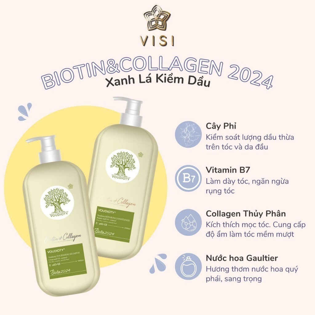 [Giá sỉ] Dầu gội kiềm dầu, kích mọc tóc Biotin Collagen Voudioty xanh lá 1000ML phiên bản 2024