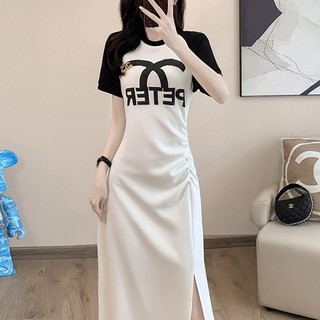 Váy thẳng xếp ly eo thời trang có khe hở bên, váy áo thun dài chặn màu mùa hè dành cho nữ