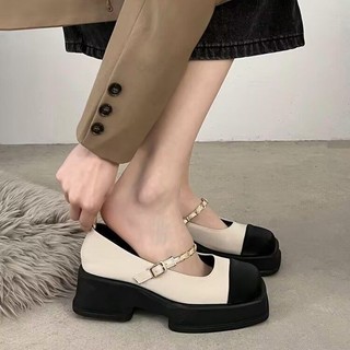 French Style Thick Sole Leather High Heel Shoes Spring and Autumn 2023 Fashion for Women