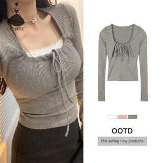 Áo Kiểu Cổ Vuông Thắt Nơ Đáng Yêu Thanh Lịch Tay Dài Thời Trang Mùa Xuân Quyến Rũ Cho Nữ