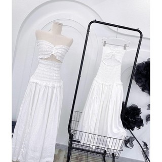 ĐẦM MAXI ỐNG TRẮNG BO CHUN CUTOUT EO