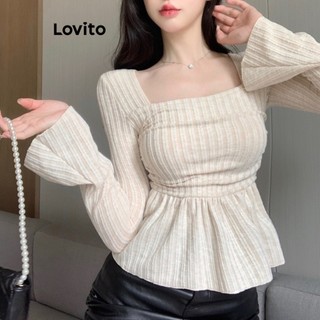  Lovito Áo thun cổ vuông xếp nếp trơn đơn giản cho nữ LNE29197 (Mơ/Nâu)