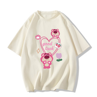 [Được ủy quyền của Disney] Áo thun cotton ngắn tay in hình gấu dâu tây cổ điển hợp thời trang dáng rộng dành cho nữ