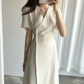 IMAODOU Váy vải lanh Cotton nữ khí chất cao cấp Slim và mỏng nước hoa nhỏ eo mỏng váy dài vừa phải thời trang ins