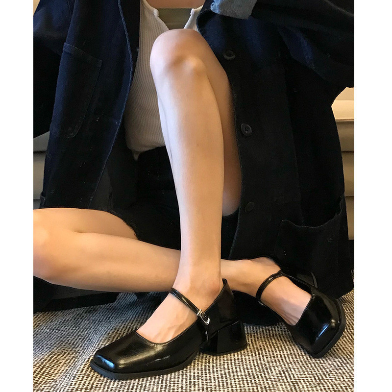 Giày đơn nữ Gót dày sang trọng Ngón vuông nông Dây đeo miệng Mary Jane Giày phong cách Preppy Vận chuyển miễn phí