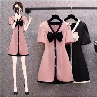 🌸Hàng Order(Sẵn M,L,XL)🌸Váy Đầm Bigsize Cổ Nơ Phối Cúc Ngọc Tay Bồng Phối Màu Tiểu Thư Nữ Tính🌸 Hàng Quảng Châu