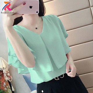 Ruidiandian Lớn Áo Sơ Mi Voan Cổ Chữ V Ngoài Rộng Hàn Quốc Xuân Hè Mới 2024 Nữ