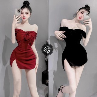 Đầm hở vai phom ngắn có mút kèm hoa ngực vải thun lazzon co giãn thích hợp mặc đi làm đi chơi đi tiệc