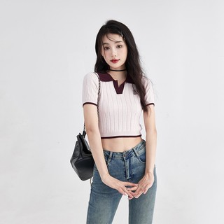 Balamy Mùa Hè Phong Cách Mới Tương Phản Màu Sắc Ve Áo Ngắn Slim-fit Nữ Phù Hợp Với Tay Ngắn Form S