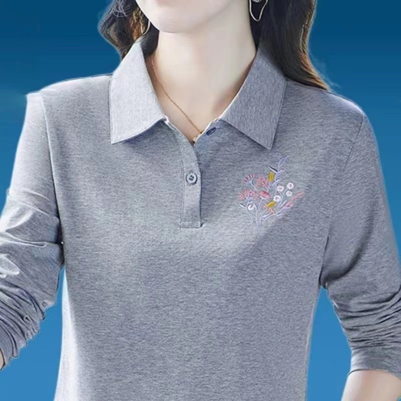 2023 Phong Cách Mới Ve Áo Dài Tay Áo Thun Nữ Mùa Thu Thường Ngày Trung Niên Mẹ Thời Trang Đáy Áo polo INS