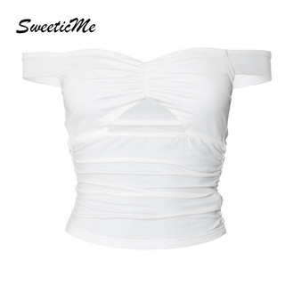 SweeticMe Áo Nữ Thời Trang Mới Màu Trơn Tắt Vai Gợi Cảm Rỗng Áo Thun