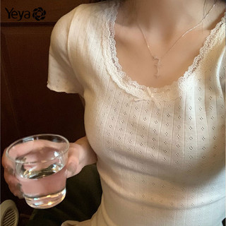 Áo thun nữ YEYA ren trắng nối ngắn tay cổ chữ U mỏng vừa vặn Áo thun đa năng