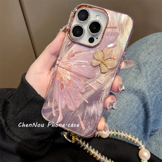 Ốp Điện Thoại Cánh Bướm 3D Bướm Lông Màu Hồng Cho iPhone15 14 13 12 11 Pro Max Chống Sốc Mạ Điện Khung Bảo Vệ ốp Lưng Cứng Mờ Bảo Vệ iPhone