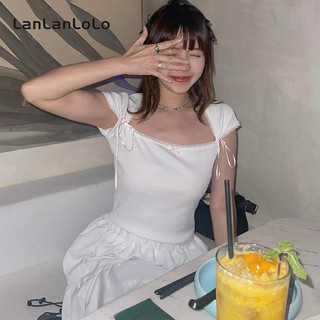LanLanLo Nữ Màu Trơn Thời Trang Cổ Vuông Tay Ngắn Ren Nơ Mỏng Thường Ngày Phù Hợp Với Ngọt Ngào