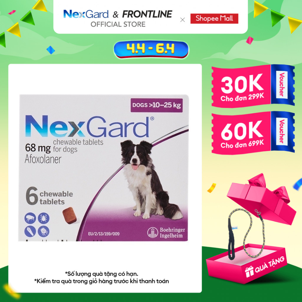 NexGard - Viên nhai phòng & trị ve, rận, bọ chét, ghẻ demodex, sarcoptes dành cho chó size L (10-25kg) - 1 hộp 6 viên