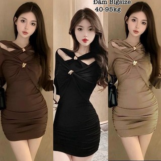 Đầm Váy Bigsize HCM - Đầm Body Thun Gân Tăm Tay Dài Chéo Vai Ngực Co Giãn Thiết Kế Dự Tiệc Nữ Cao Cấp Xinh 40-95kg 2199