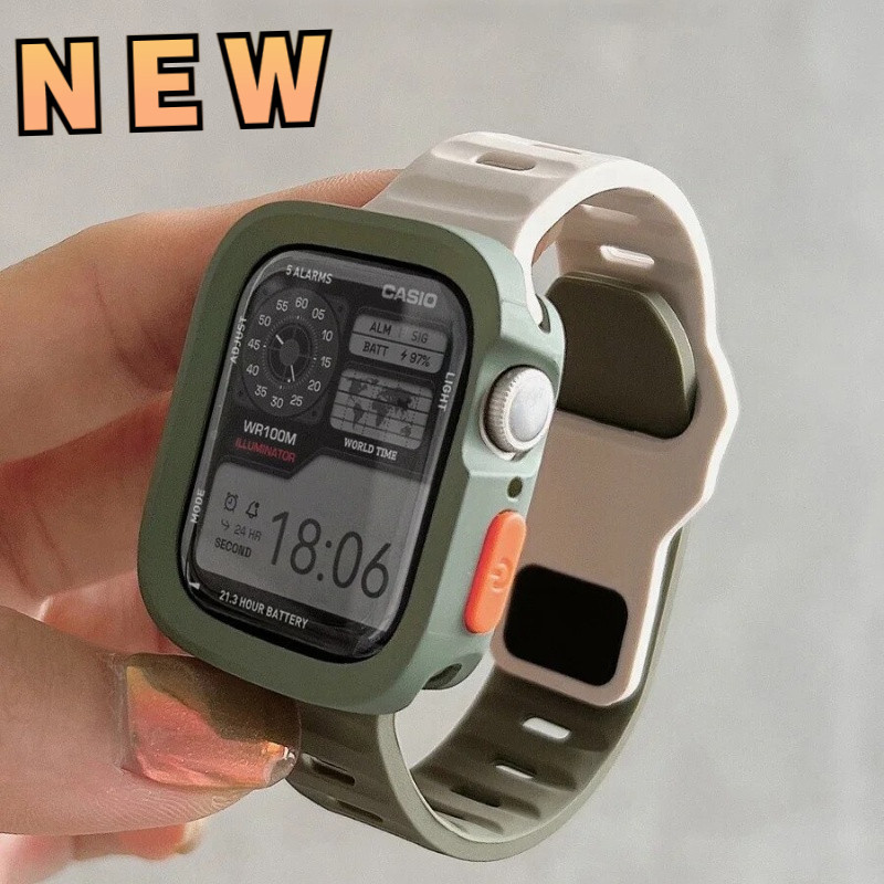 Ốp lưng và dây đeo bằng silicon Vòng đeo tay Vỏ bảo vệ tương thích cho Apple Watch Ultra2 49mm 44mm 