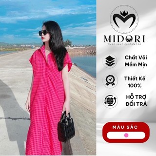 Đầm sơ mi dáng dài thiết kế kẻ caro, Đầm Bầu, Đầm Sơ mi dáng dài chất vải đũi cai cấp kẻ caro mềm mát không nhăn